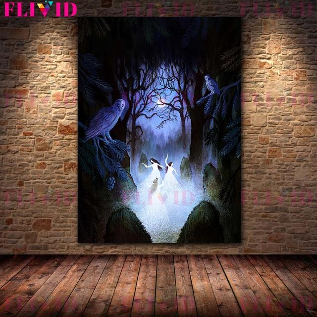 Mysterious and Colorful Magic Forest Vintage Mural Art Oil Painting Three Witches Dancing In the Woodland Poster