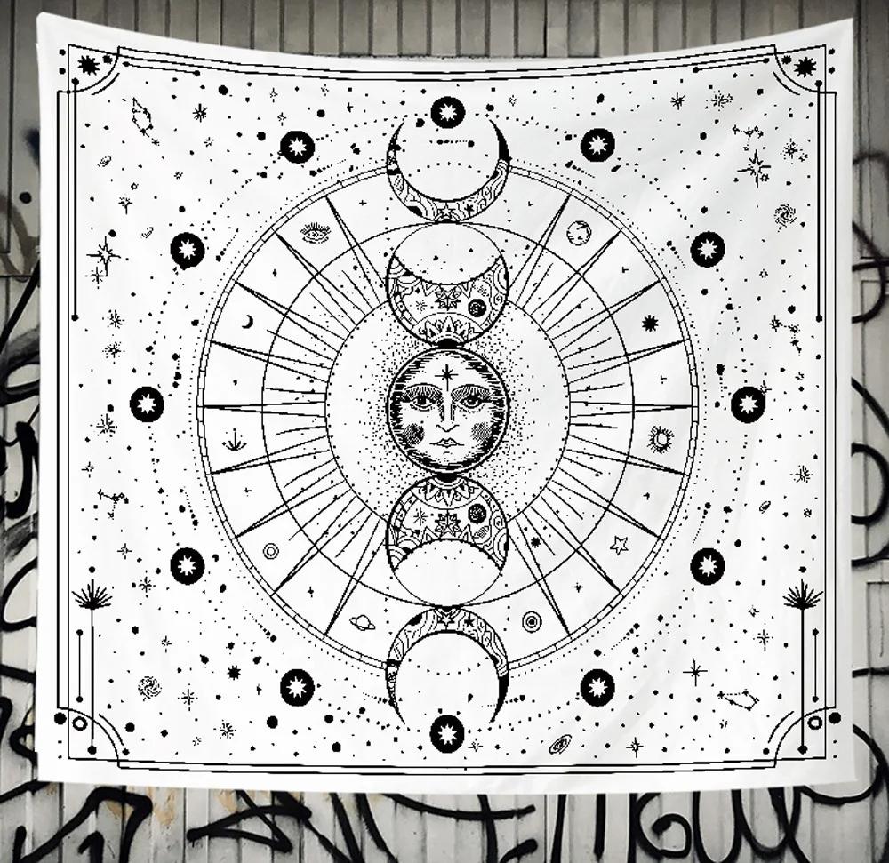 VIKAMA Sonnengott und Mondgöttin Wandteppich Schwarz und Weiß Mystische Astrologische Hängedekoration Bohème Stil Schlafzimmer Wanddekoration