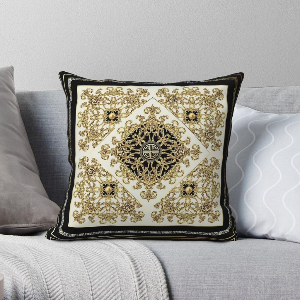 Greek Key Diamond Baroque Gold Square Pillowcase Polyester Linen Velvet Pattern Zip Decorative Pillow Case Sofa Seater Cover 18"