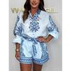 Women's 2PCS Outfit Long Sleeve Shirt + Shorts Lace-up Position Print Casual Matching Set For Ladies