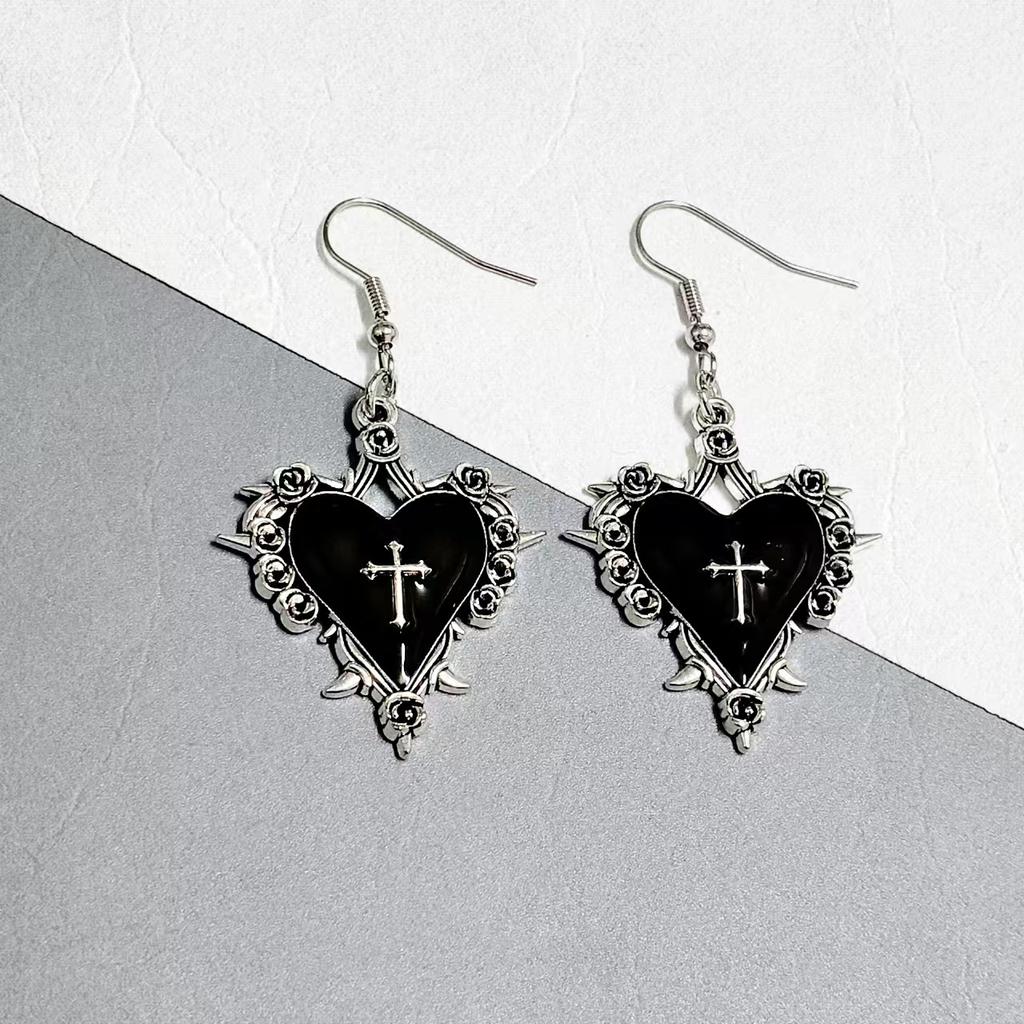 Goth Jewelry Thorns Heart Cross Earrings Red Drip Oil Rose Flower Earrings for Women Punk Charms Accessories Grunge Earrings