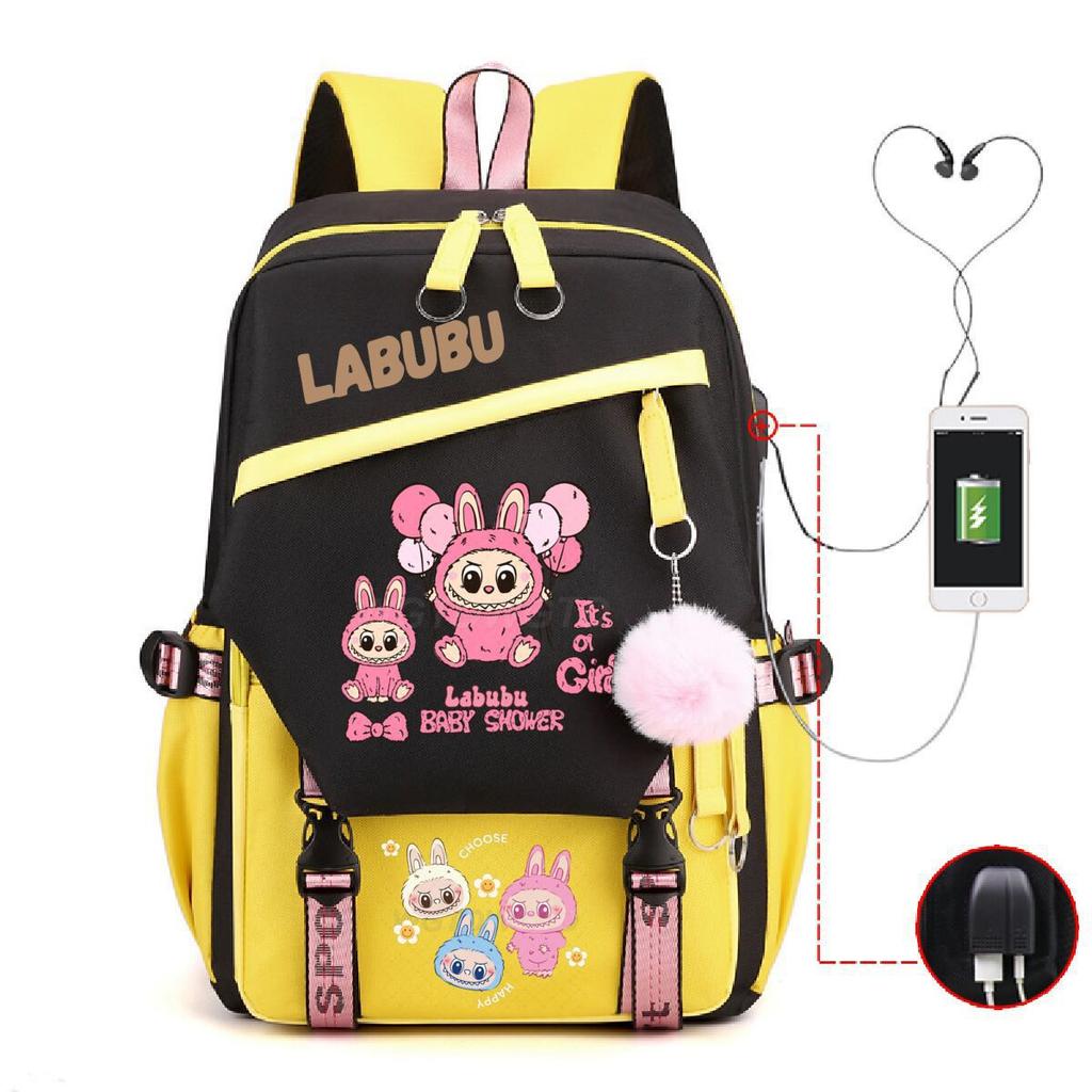 Labubu printed student schoolbag multi-function large capacity backpack with USB port