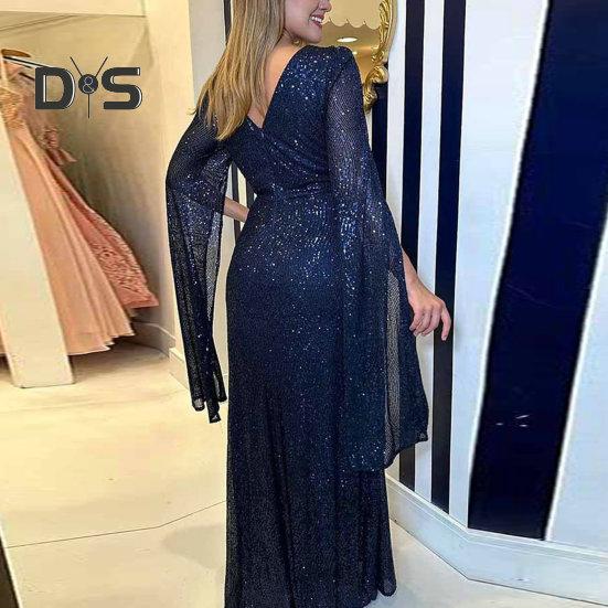 Kvinner aftenkjole Delte ermer Dyp V-hals Skinnende paljett Slim Fit Tight midjeknute Plissert Full lengde Ensfarget Lady Ball Bankett Maxikjole