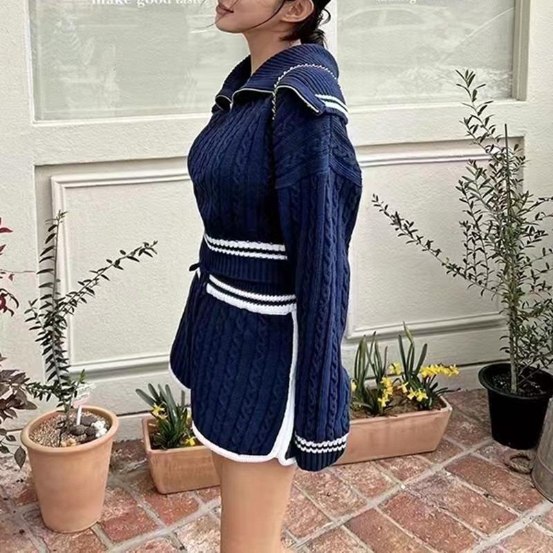 Fashion Knit Women Short Sweater Straight Leg Shorts Autumn Winter Elegant Turn-down Collar Casual Loose Two-piece Set High Waiste Long Sleeve Outfits