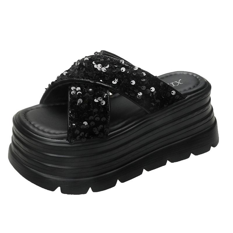 Muffin heel color thick-soled cool slippers women's wear popular round head new summer fashion sequined high-heeled sandals women