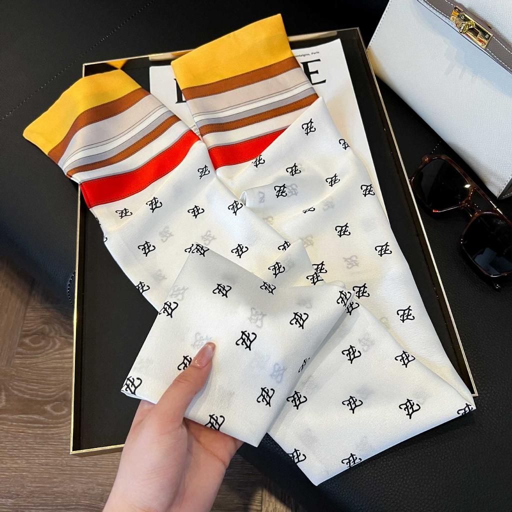 Long Silk Scarf Women's New Small Silk Scarf Printing Simulation Silk Tied Bag Streamer Explosion Sweet Little Scarf