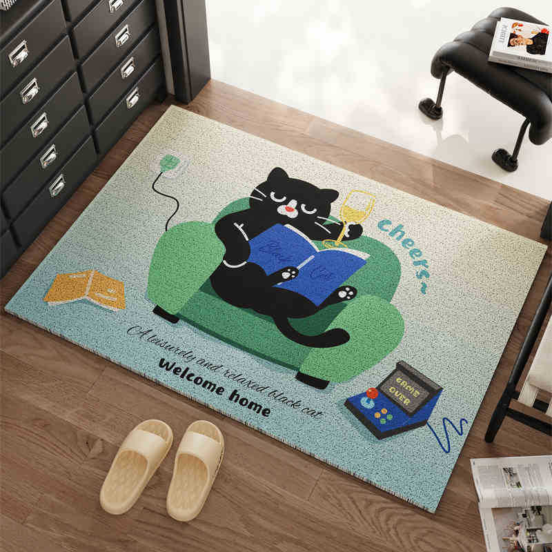 Cartoon Black Cat Carpet Mat Rug Leisure Reading Design with Welcome Home Text Non-slip Home Decoration Floor Mat Welcome Mat