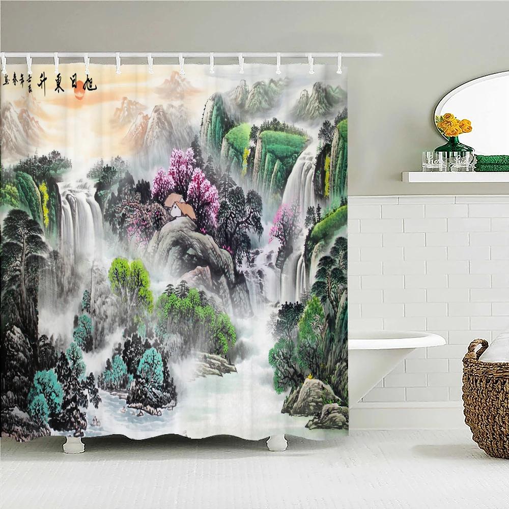 landscape Fabric Shower Curtain Bathroom Curtains Chinese style Ink Scenery Flowers Birds Waterproof Decor Bath Screen with Hook