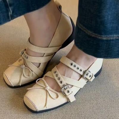 Modne płaskie buty Mary Jane z krzyżowym zapięciem na sprzączkę Damskie Eleganckie Kwadratowy nosek Płaskie baleriny Wygodne Miękka podeszwa Buty codzienne