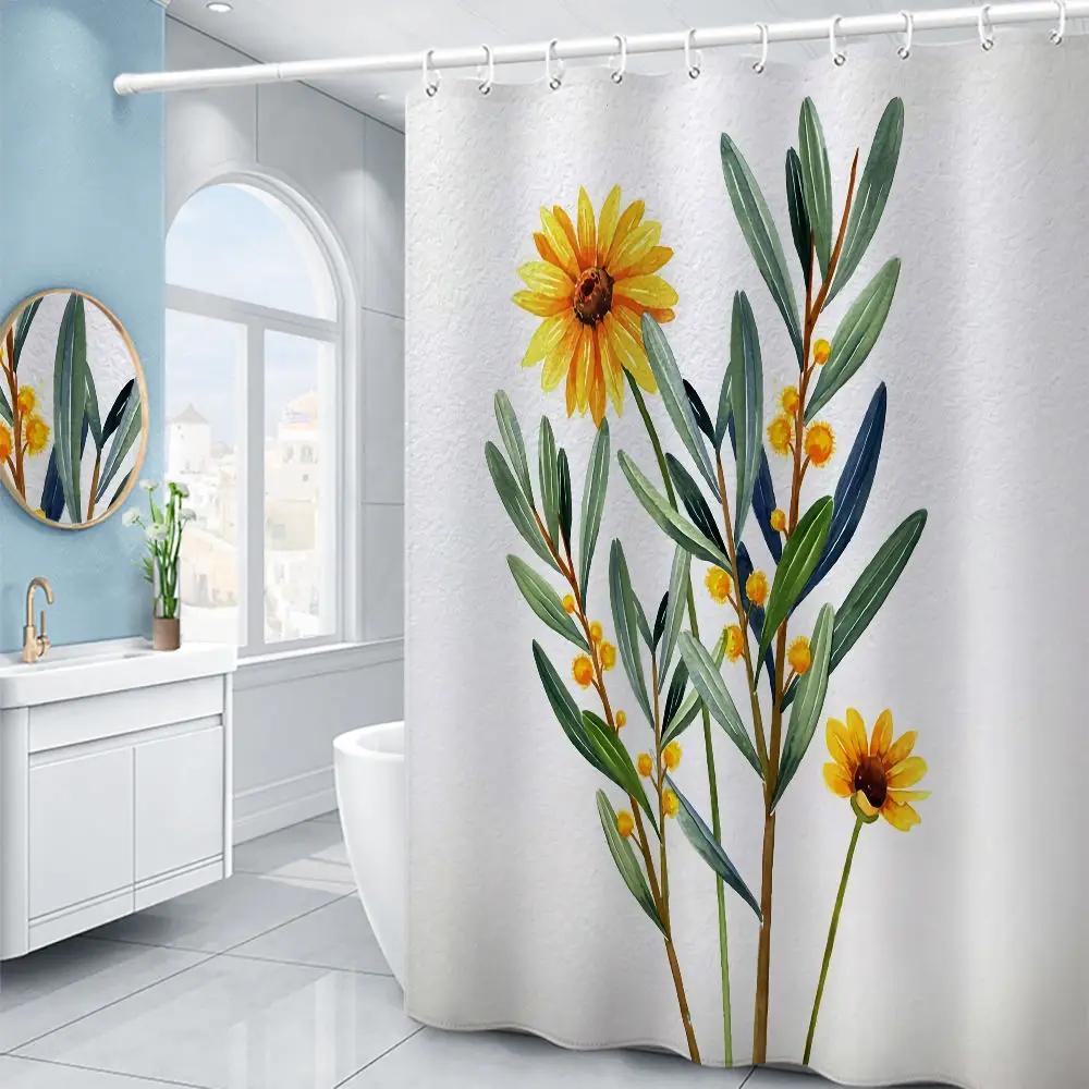 Purple Hydrangea Flower White Shower Curtain Landscape 3D Green Plant Waterproof Polyester Bathroom Curtains Bath Screen Decor