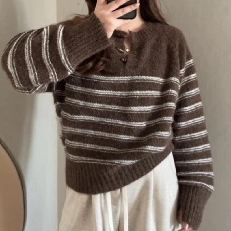 2025 Korean Fashion O Neck Color Blocked Knitted Sweater Women s Autumn Winter Striped Casual Long Sleeves Pullovers One Size темно-коричневого 3579₽