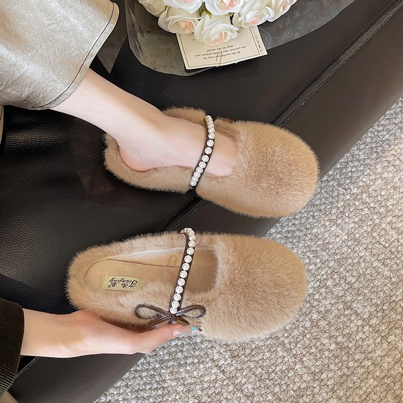 2025 New One-pedal Fluffy Shoes for Women's Autumn and Winter Outer Wear Fleece Single Shoes Flat-soled Large-size Warm Doudou Shoes
