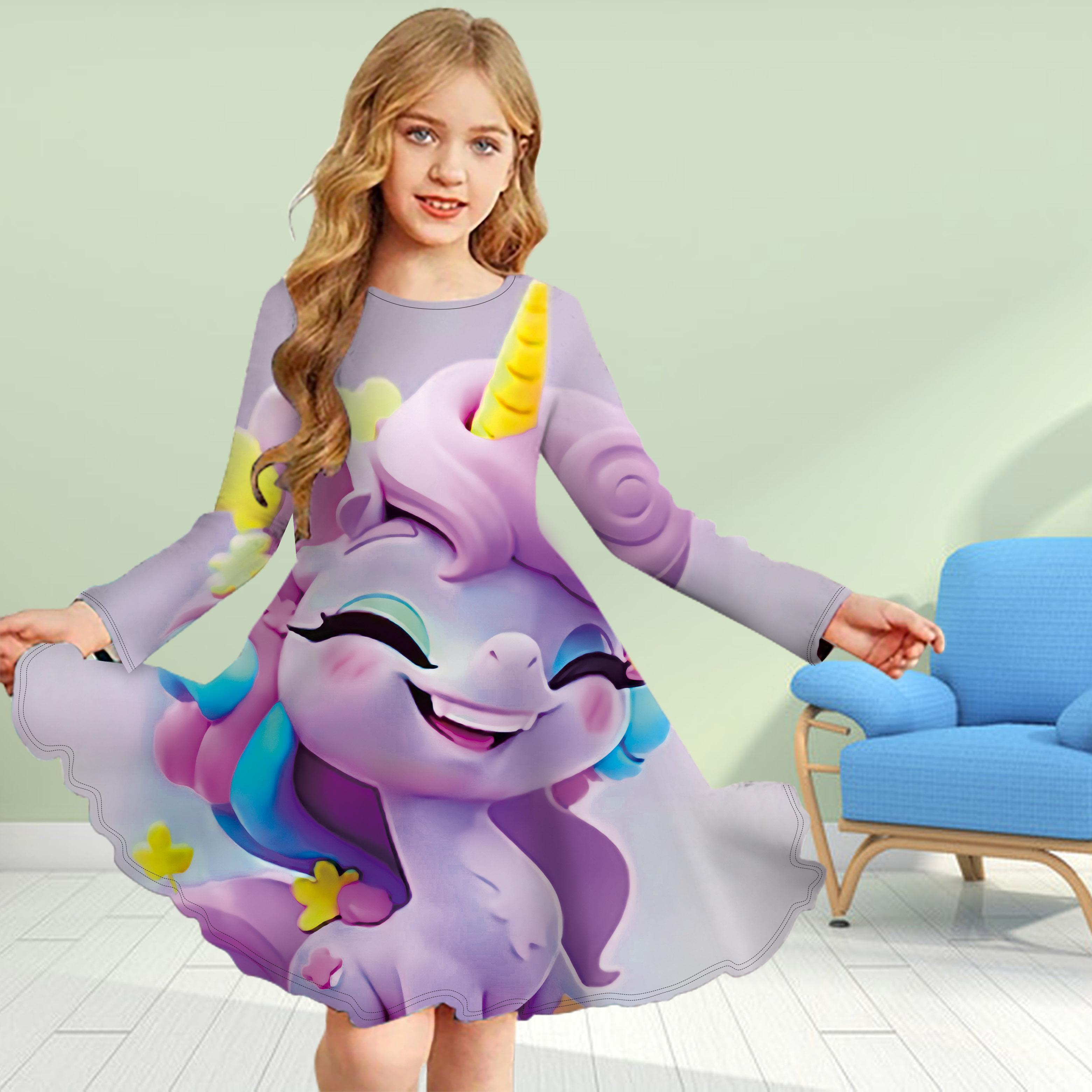 

Повседневное платье для девочек с 3D-принтом и принтом «Атака робота-единорога», с круглым вырезом и длинными рукавами, детское платье принцессы 180 светло-синий