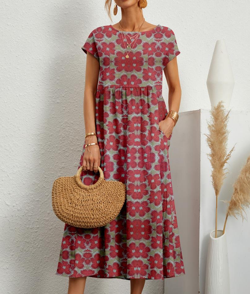 Damenkleid Rundhalsausschnitt Bedruckt Kurzärmelig A-Linie Maxi-Rock Einzigartige Blumenmuster Lange Kleider