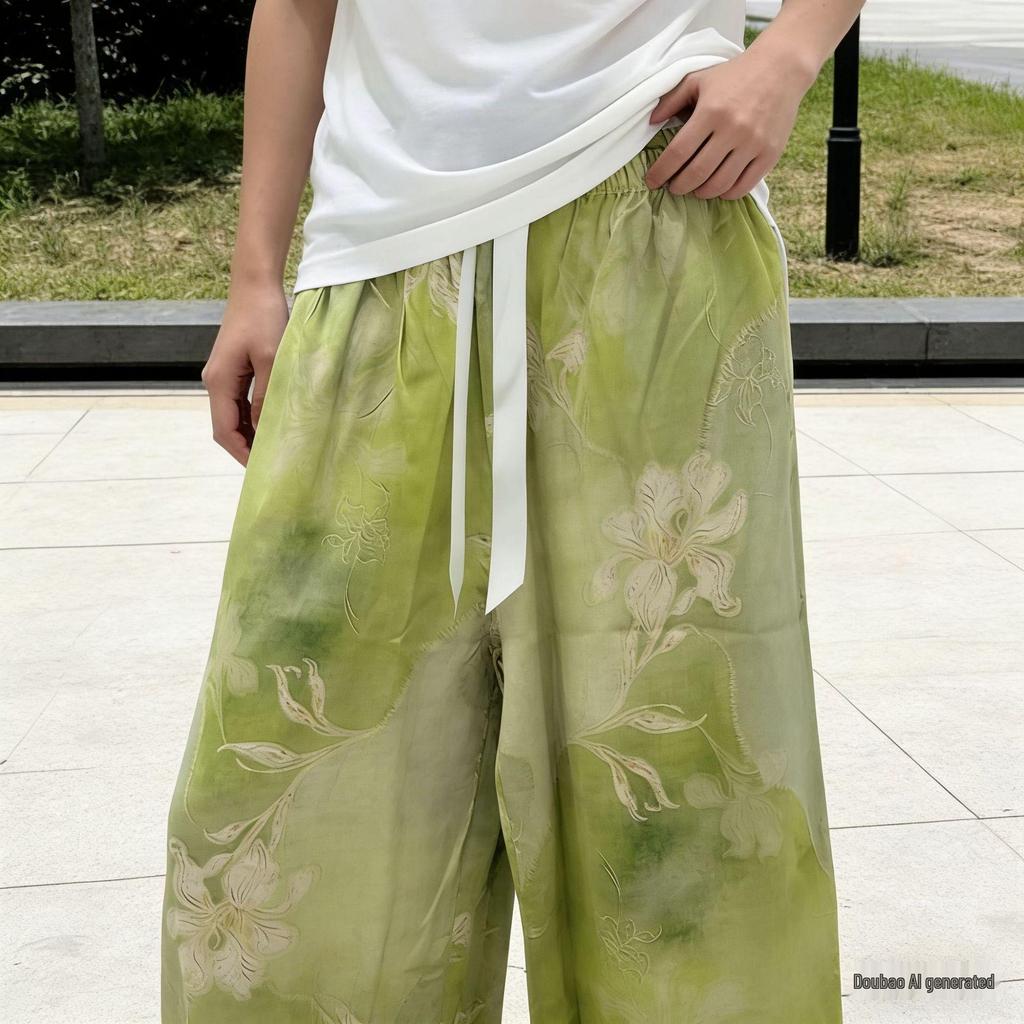 Damen-Blumen-Baumwoll-Seiden-Pyjama - Große Größen, Sommer, Leicht, Für draußen, Gerades Bein, Lockerer Schnitt