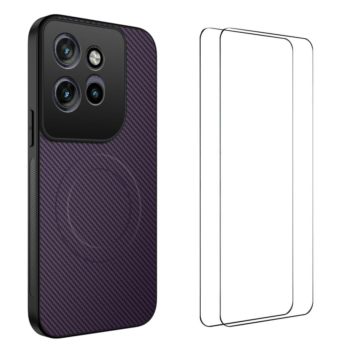 

Магнитный чехол для Motorola Edge 50 Neo 5G WANLONFENG Серии TQ1 Текстура углеродного волокна PC TPU Чехол для телефона с 2 защитными пленками Purple