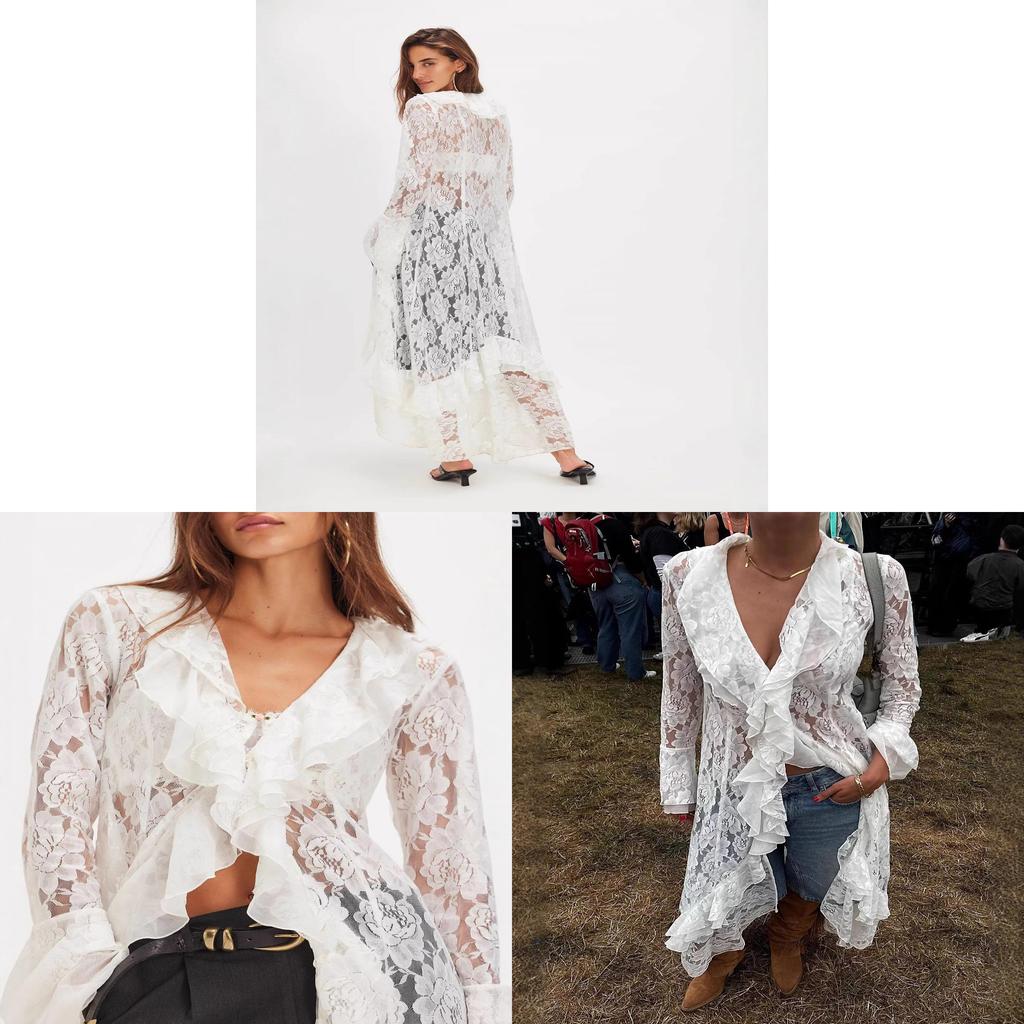 Abito Lungo in Pizzo Floreale con Scollo a V e Vita Alta per Uso Casual Estivo