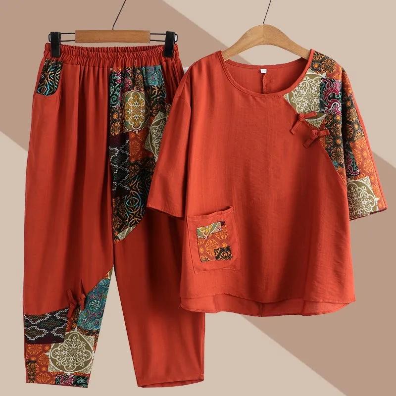 Women's Summer Loose Big Size Ageing Set of Middle-aged and Elderly Retro Leisure Cotton and Linen Top + Pants Two-piece Set