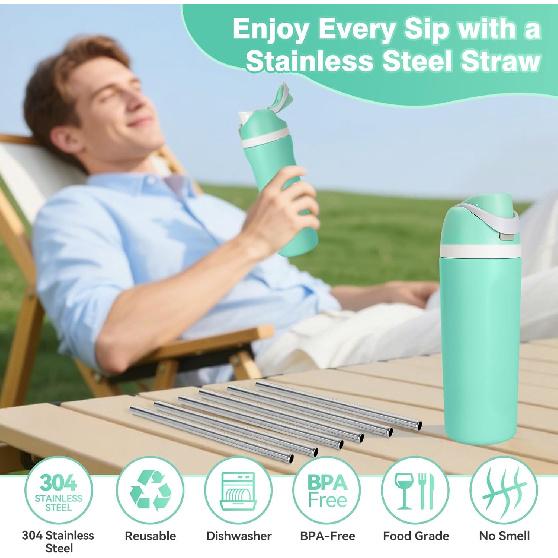 6 PCS Metal Straw Replacement for Owala Freesip 16oz Kids Water Bottle, Reble Stainless Steel Straws with 2 Cleaning Brushes, BPA-free Dishwasher