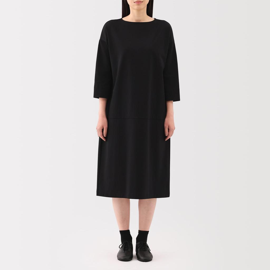 MUJI Women's Double-Knit 3/4 Sleeve Dress, Black, Size S, BB2RZA5S