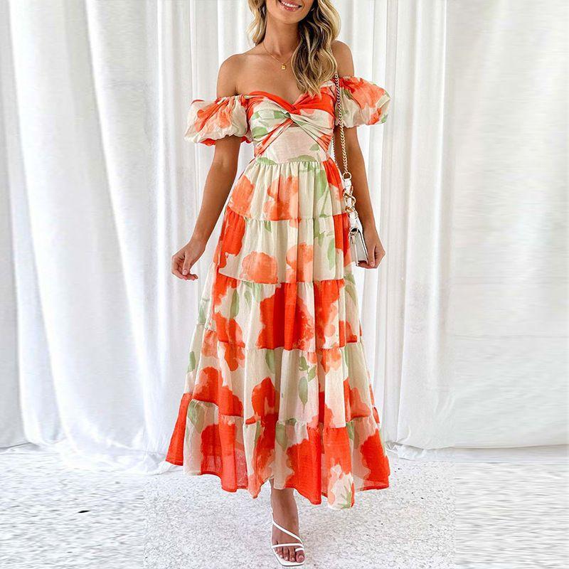 Sweet Dress2024 Fashion Summer and Autumn New Women's Clothing Sweet Elegance Florals Hollow out Shoulder-Baring Dress