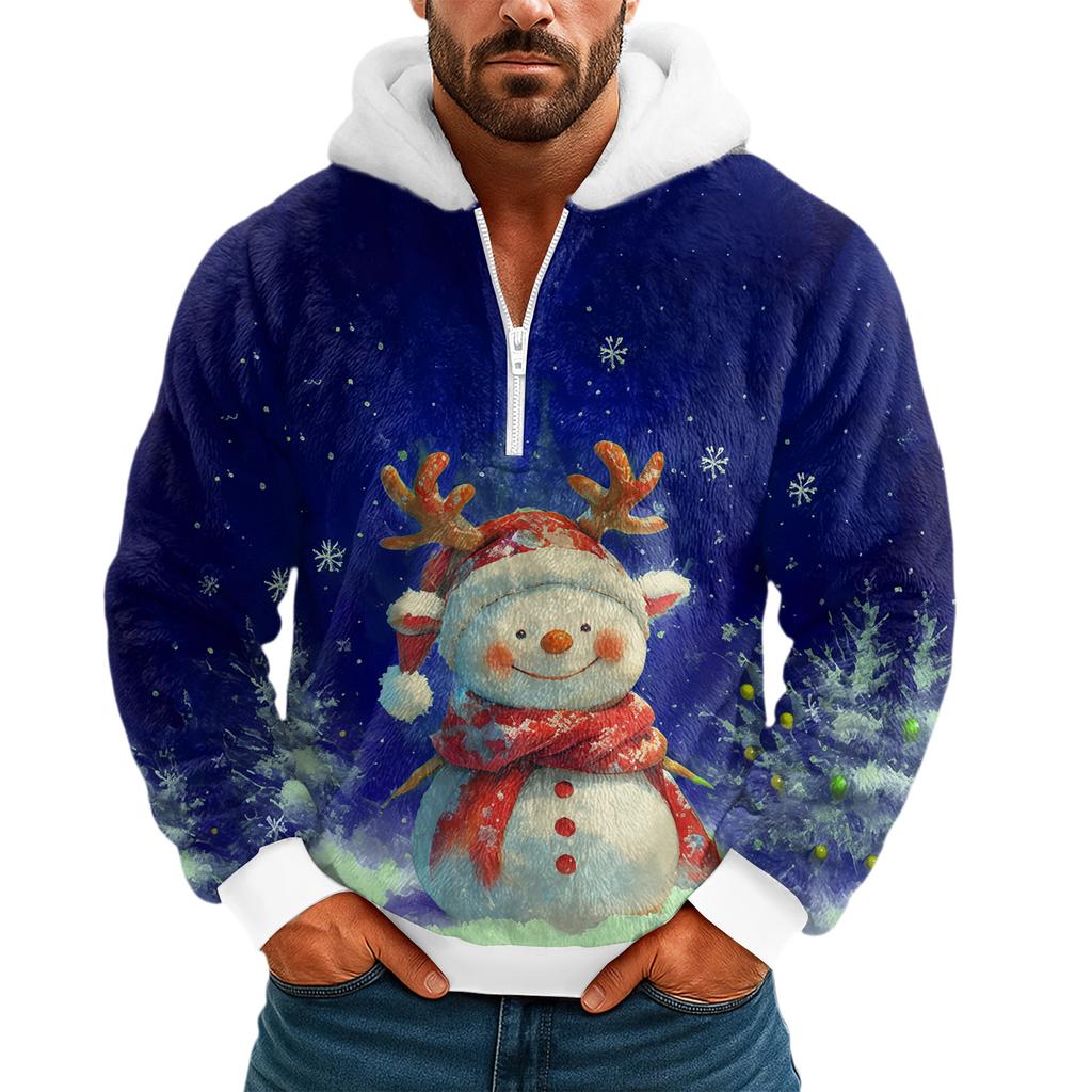 Pánská plyšová mikina s kapucí a polovičním zipem