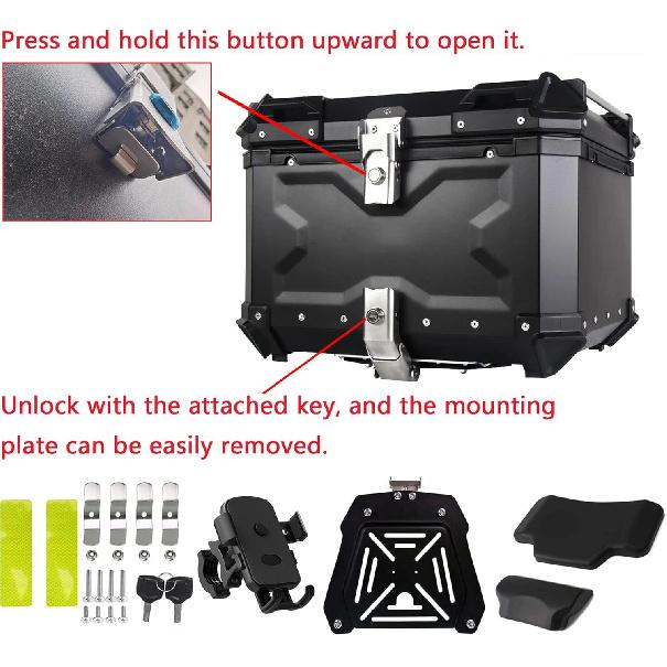 45L Universal Black Rear Luggage Case Waterproof Helmet Box Motorcycle Tail Storage Box Aluminum Alloy Motorbike Trunk Tail Box