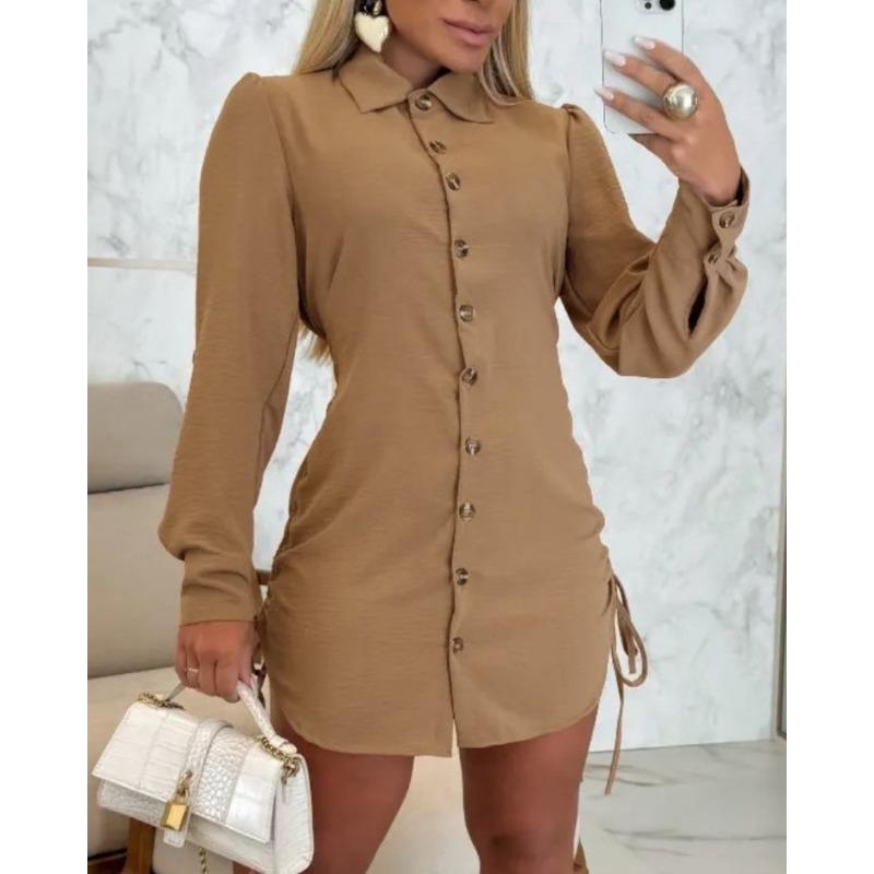 YYFS Women's Fashion Spring Fall Solid Color Print 3/4 Sleeves POLO Neck High Waist Casual Dresses