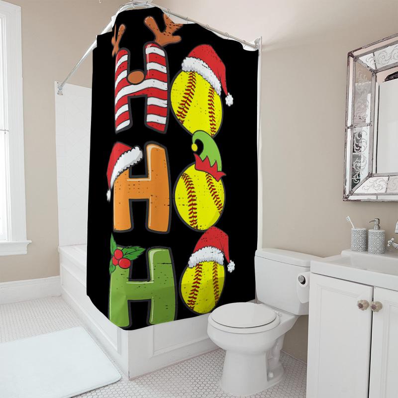 Christmas Shower Curtain Funny Softball Reindeer Antlers, Black Bathroom Decor With Ho Pattern, Festive Holiday Fabric For Home