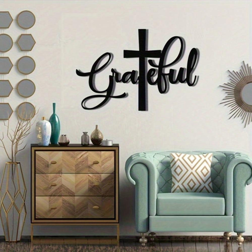Grateful Cross Metal Wall Art Christian Home Decor Inspirational Message Religious Sculpture