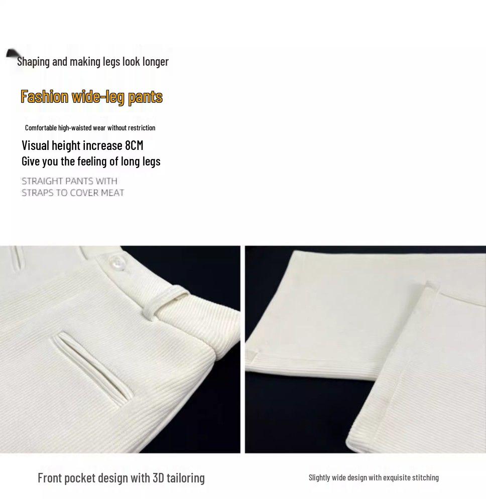 Women's High-Waisted White Chenille Corduroy Wide-Leg Pants - Spring/Summer Casual Trousers