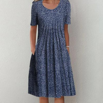 Women's Floral Print Tunic Shirt Dress Short Sleeve Crew Neck Pleated Midi Dress