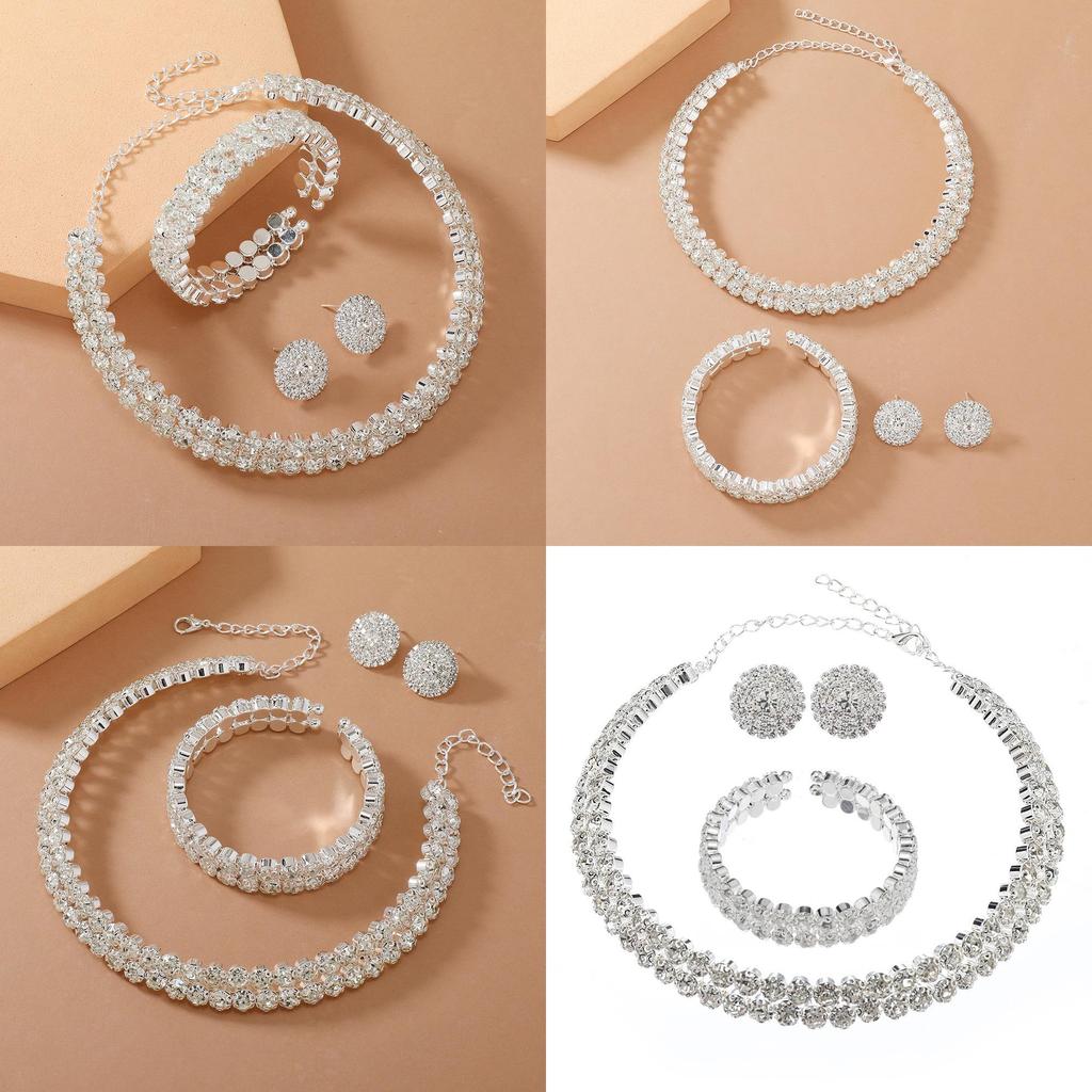 Double Layer Bridal Jewelry Set With Water Diamonds Pendant And Bracelet For Women