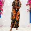 Women Plus Size V Neck Short Sleeve Butterfly Floral Printed Straight Maxi Dress