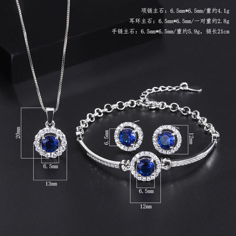 Jewelry Three Piece Set Blue Zircon Earrings Versatile Women's Treasure Bracelet Royal Sapphire Necklace