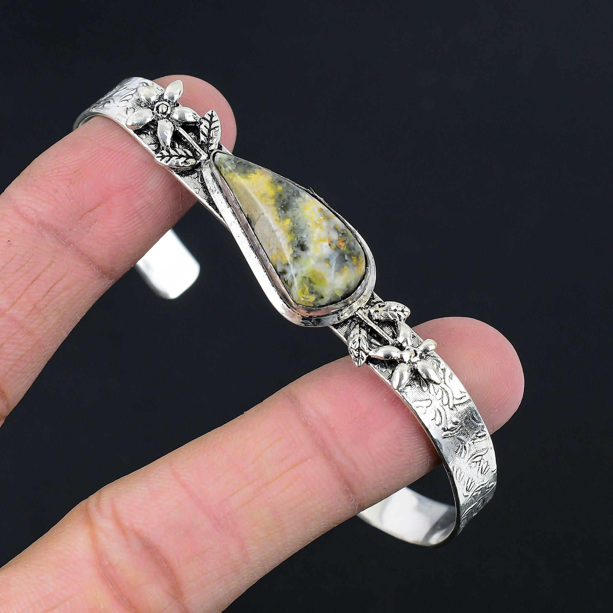 

925 Sterling Silver Pear Natural Bumble Bee Jasper Unique Flower Bangle Bracelet Adjustable