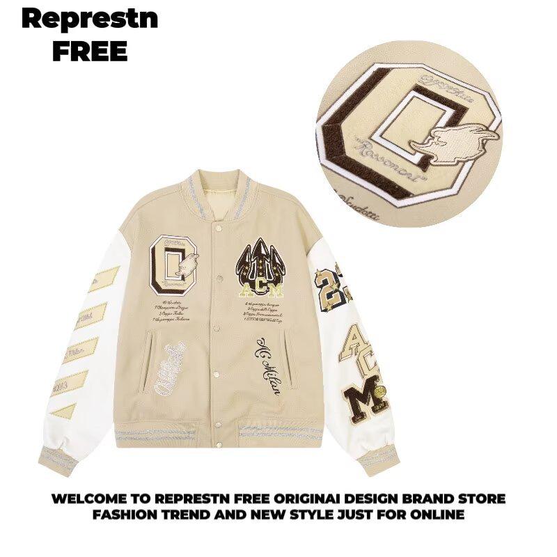 Tide Brand AC Milan Embroidery Leather Sleeve Baseball Jacket