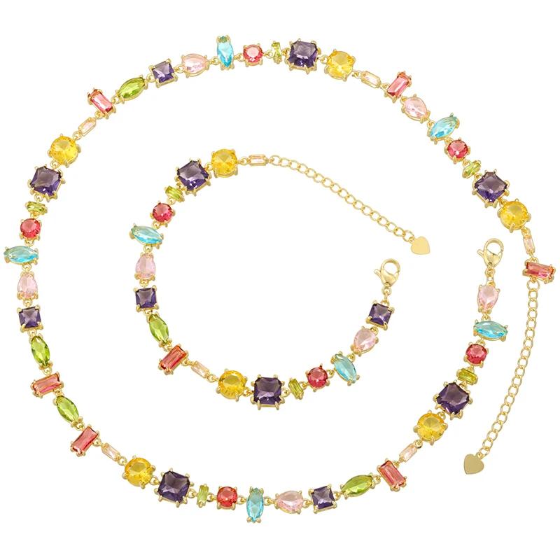 ZHUKOU Golden Plated Colourful Crystals Elegant Collarbone Necklace Ladies Beaded Bracelet Ladies Jewellery:VL585 VL586