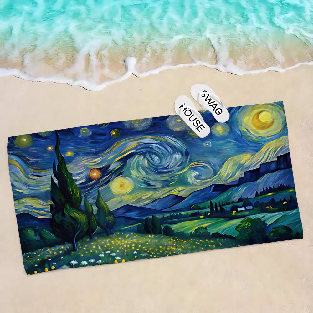 Van Gogh Starry Sky Art Microfiber Printed Beach Towel Mountain Climbing Yoga Beach Swimming Running Absorbent Soft Towel