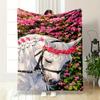 White Horse with Pink Flowers Flannel Blanket for Bedroom Living Room Sofa and Nap