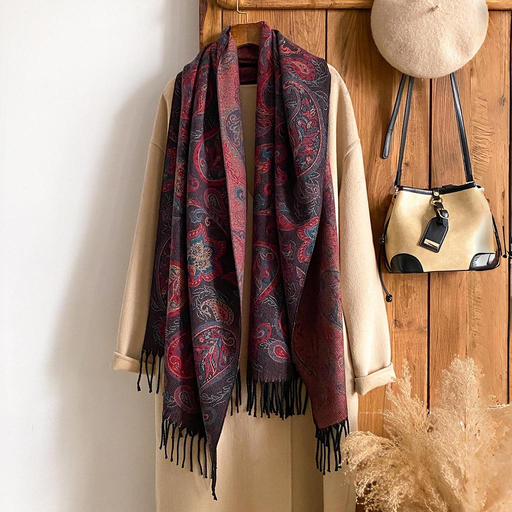 Fashion Winter Warm Cashmere Scarf - Women'S Tasseled Vintage Floral Oil Painting Printed Pashmina Thick Shawl & Poncho