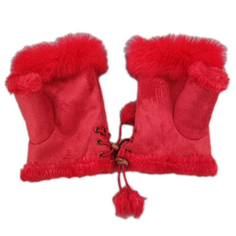 Half Finger Gloves Faux Rabbit Fur Gloves Fleece Lined Warm Gloves Solid Color Winter Thick Gloves Fingerless Mittens