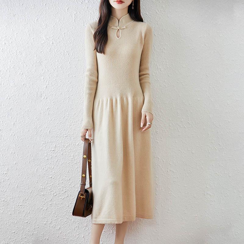 Retro Chinese Stand Collar A-Line Wool Knit Dress, Knee-Length Loose Fit for Autumn/Winter