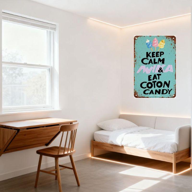 Vintage Keep Calm Eat Cotton Candy Metal Tin Sign - Colorful Cotton Candy Cones Retro Plaque for Home Bar Cafe Man Cave Decor