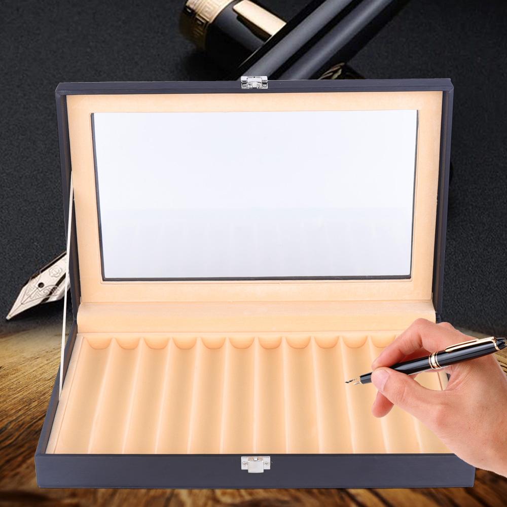12 Slots Fountain Pen Storage Box, Wooden Pen Display Organizer with PU Leather Cover, Collector Case  for Writing Enthusiasts