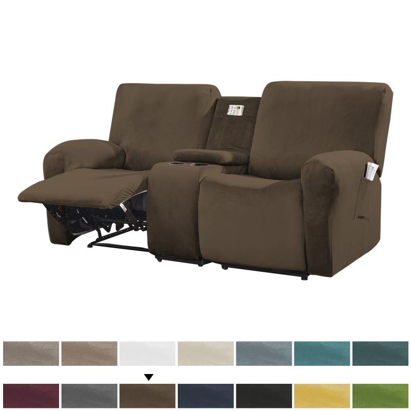 

Solid Color Velvet Reclining Loveseat Slipcover with Middle Console Stretch 2 Seat Reclining Sofa Covers Furniture Protector коричневый