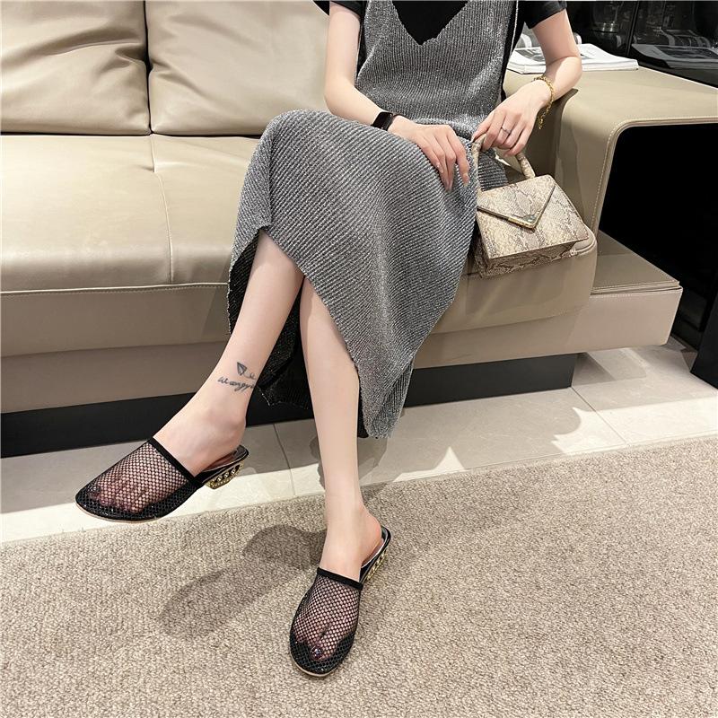 Fashion foreign trade bag head half drag women's high heel European and American style mesh slippers outer wear 2025 summer new large size sandals