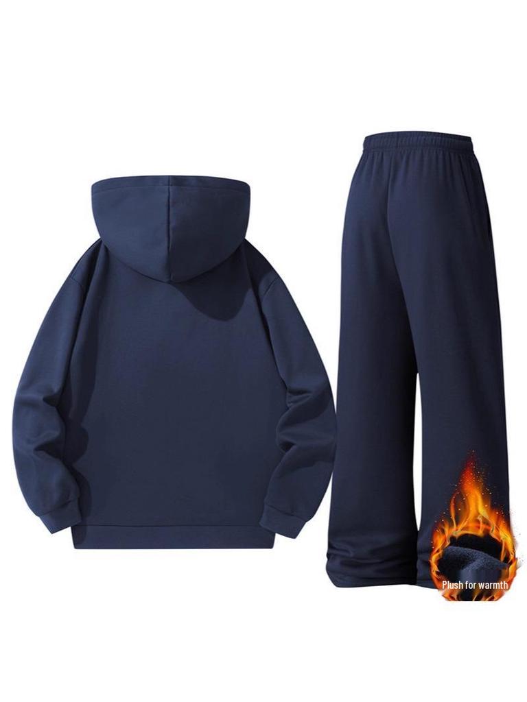 Unisex Casual Velvet Hoodie & Sweatpants Set - Solid Colors