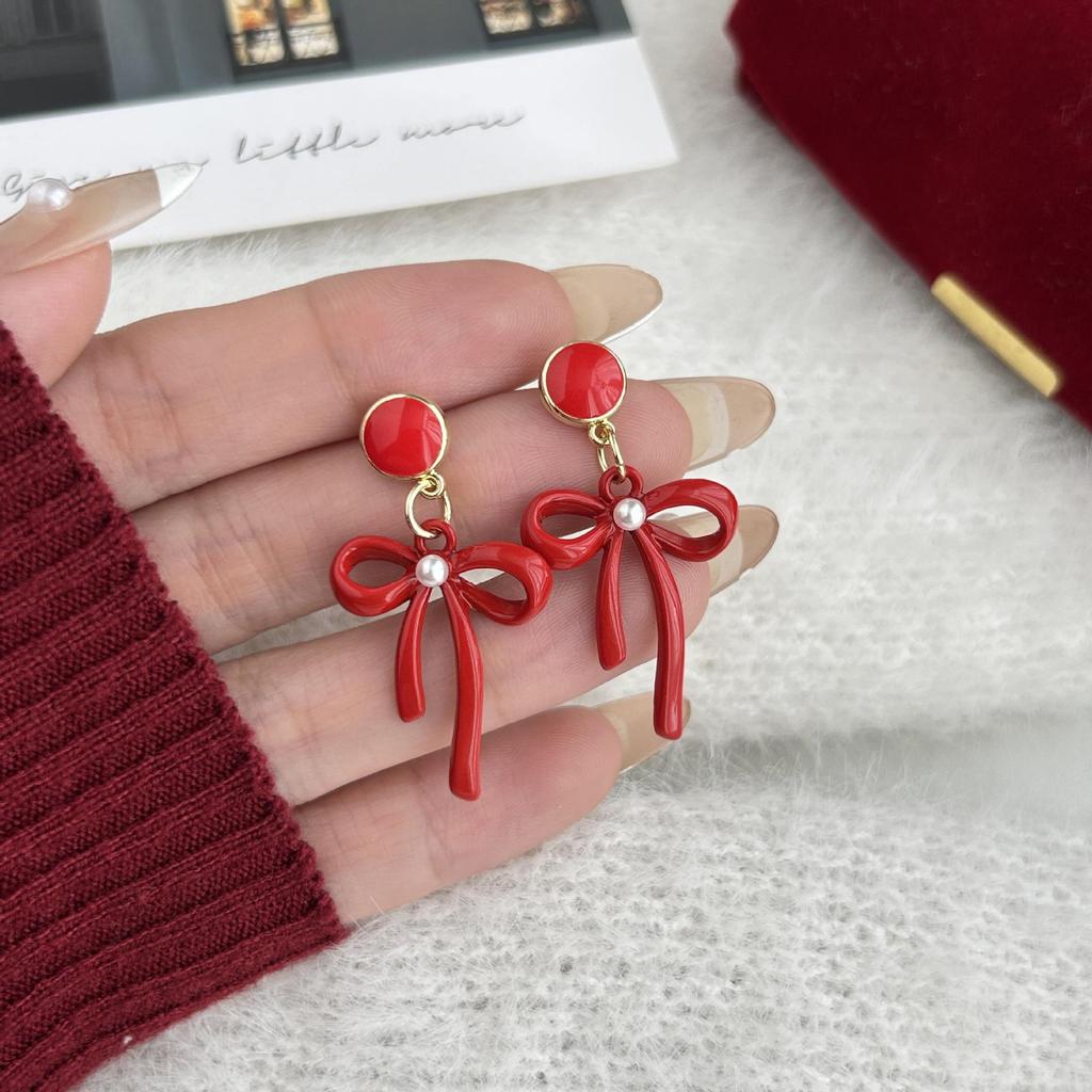 Red Bow Drip Oil Earrings: 925 Sterling Silver Autumn/Winter Studs for Women
