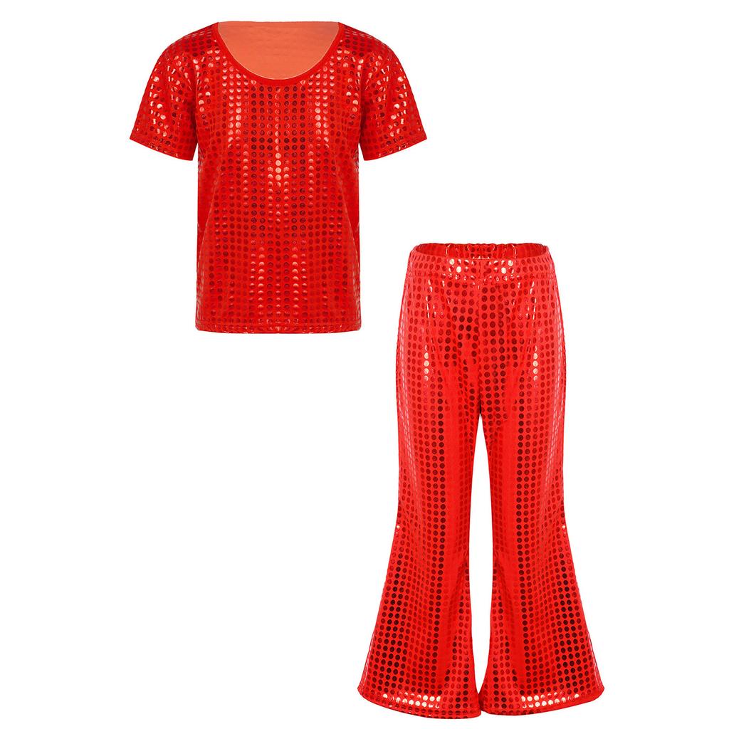 Kids Boys Girls Sequined T-Shirt Elastic Waist Flared Pants Stage Performance Glitter Outfit